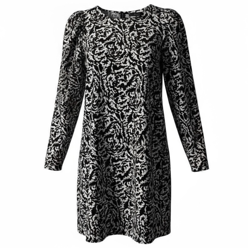 H&M Mini Shift Dress Size XS Black Beige Tapestry Print Puff Shoulder Sleeve